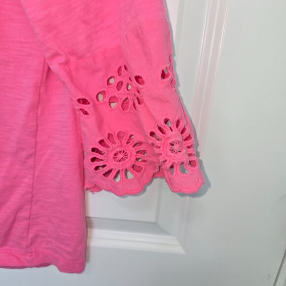 Arizona Top Pink Smocked Eyelet Girls Size Medium 10/12 Boho 3/4 Sleeve Cottage - Picture 2 of 5